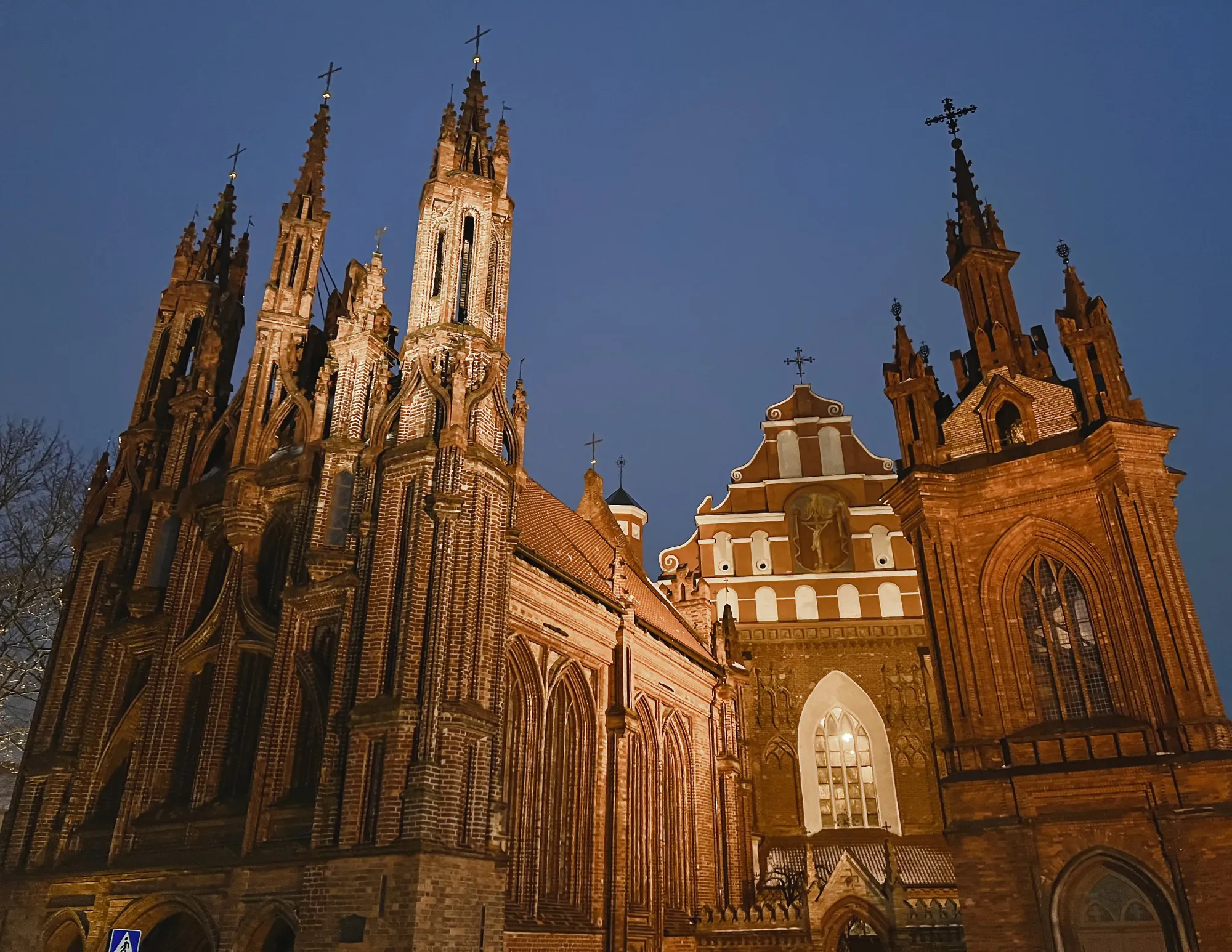 Brick dramatic church face at dusk