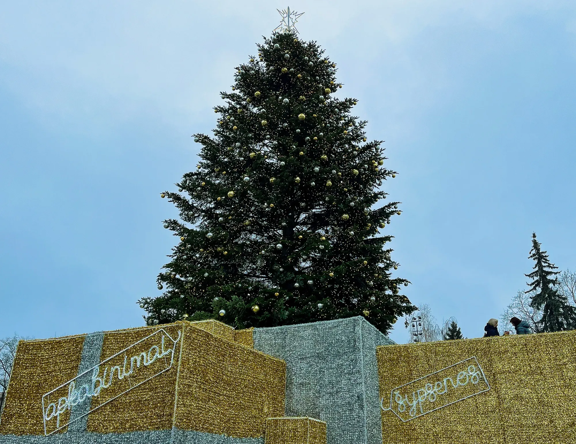 Large Christmas tree with gold ornaments and gold/silver presents at its base