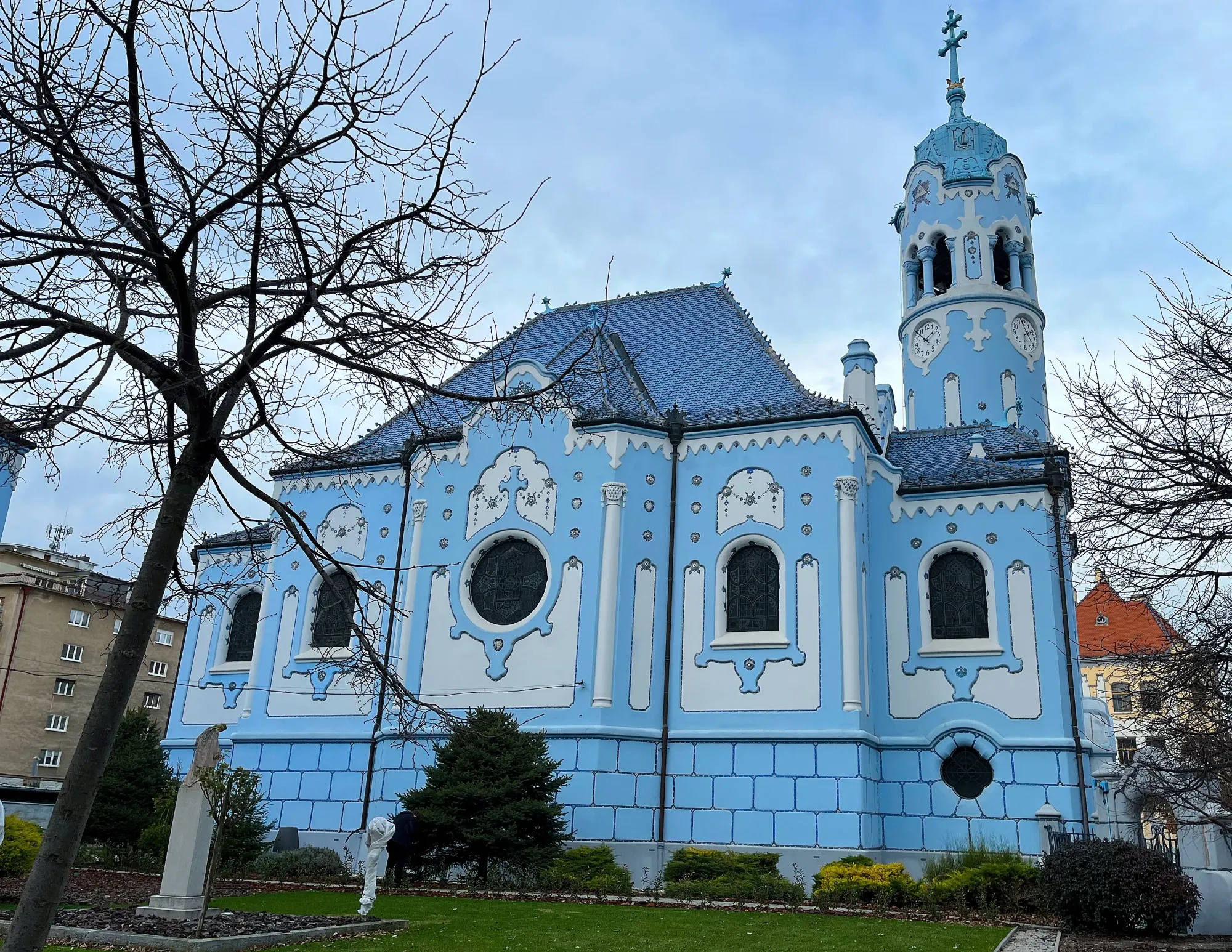 Blue stone, paint, and tiled church