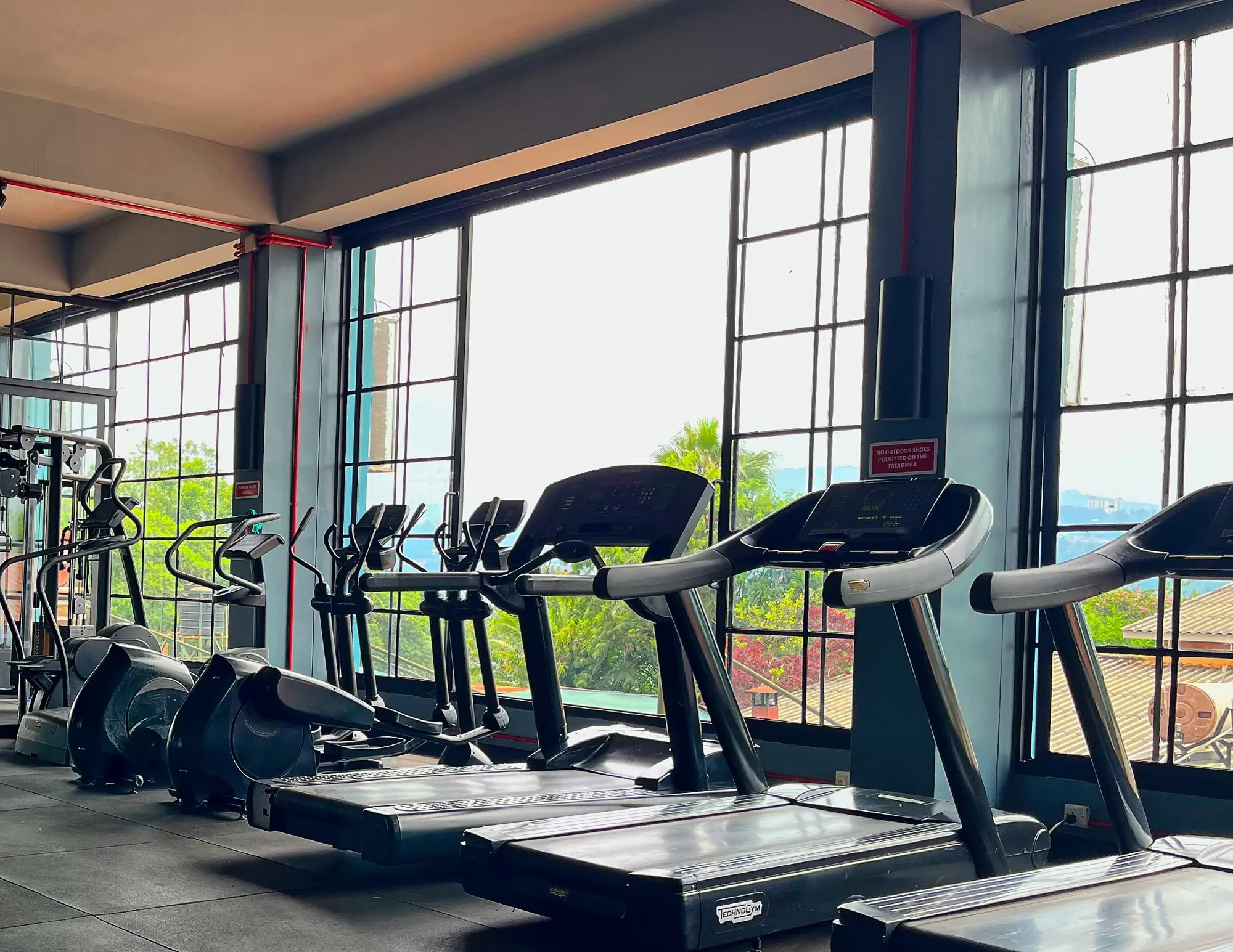 Treadmills, elipticals, and other gym gear in front of big windows