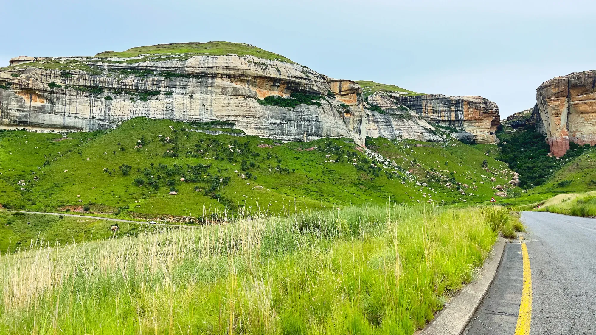 Striped rock face jutting out from green grasses along the roadway