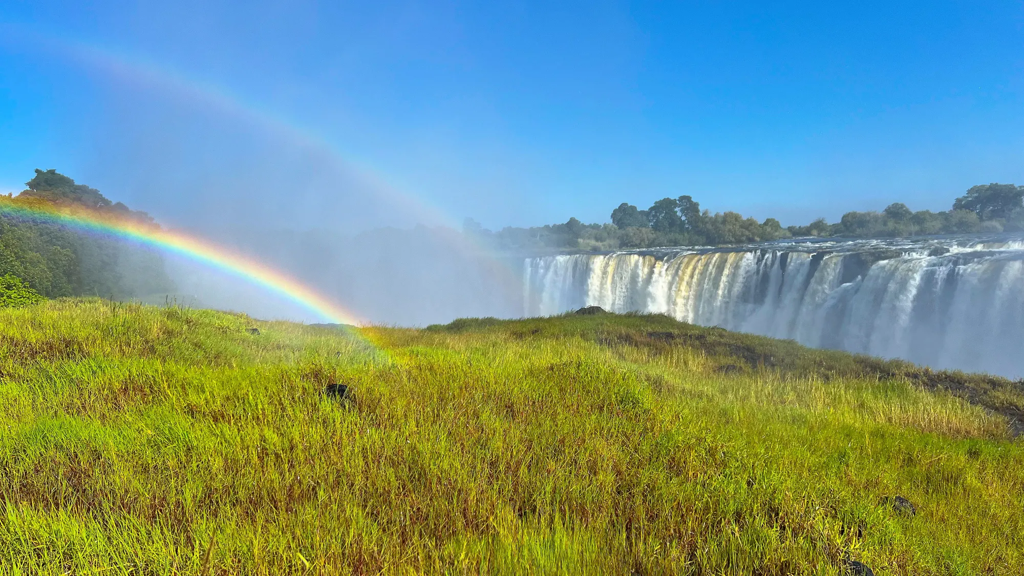 Green grasses opposite the falls with a double rainbow in the mist