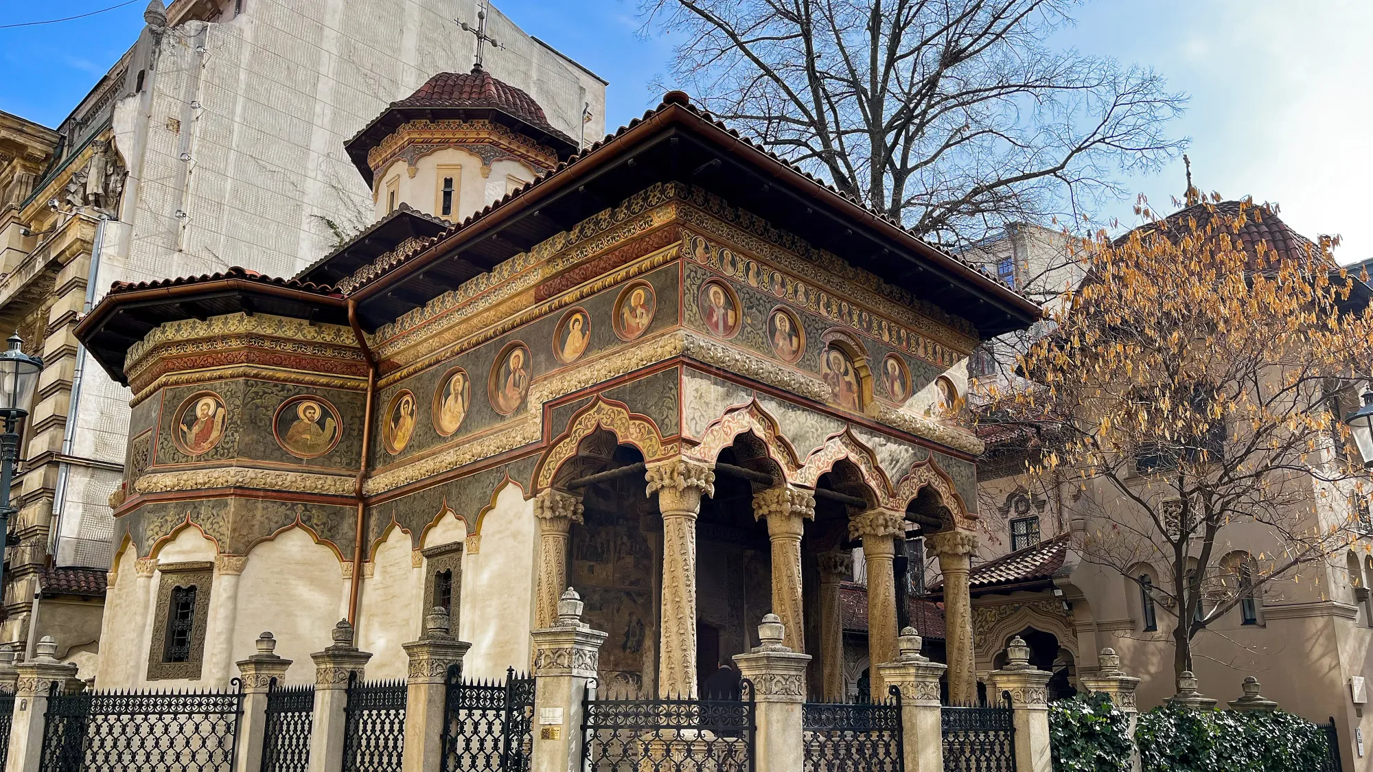 Ornate church complex with stone columns