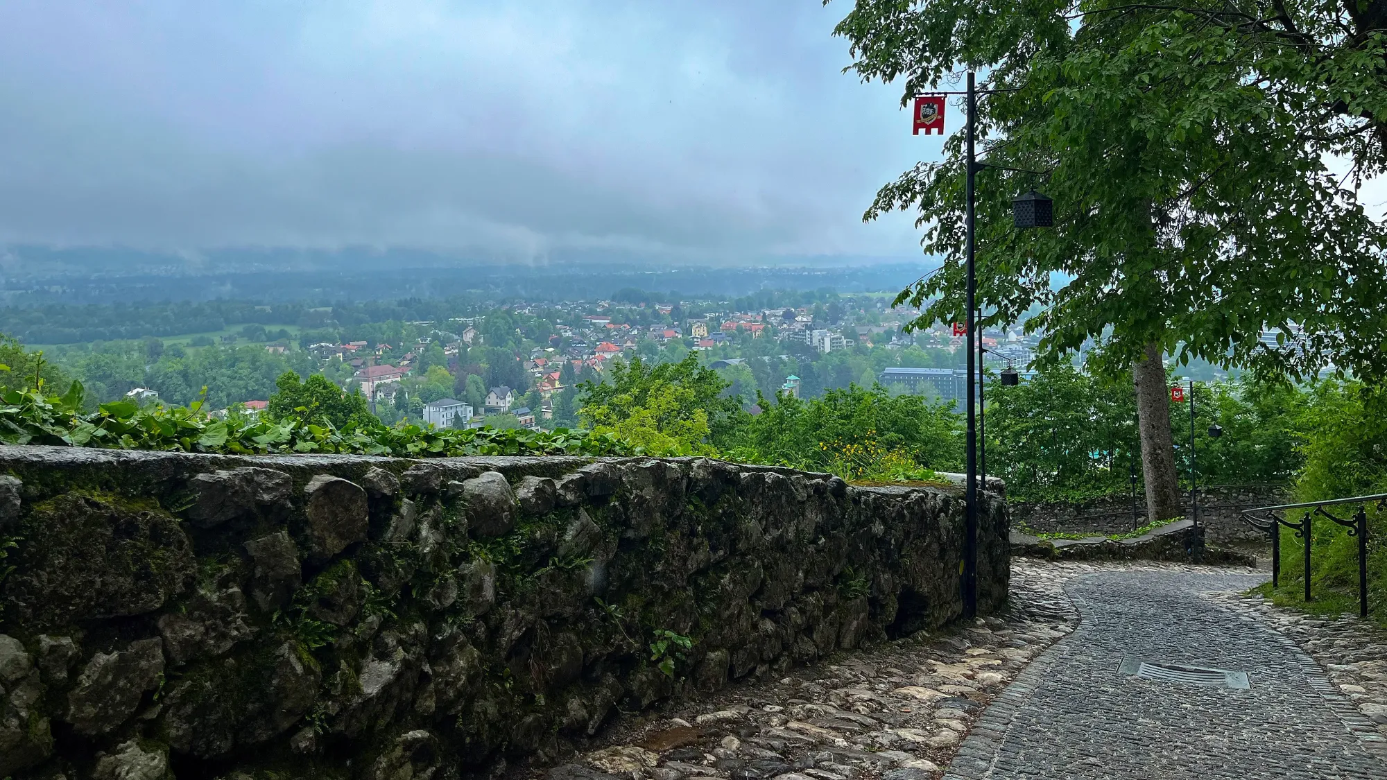 Slanted stone path between greenery under a misty sky