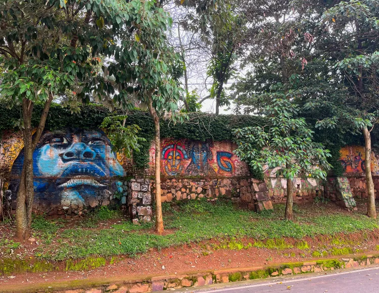 Brick wall with paintings of a face and other symbols