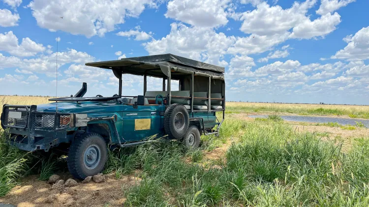 Blue safari jeep in the plains under a cloudy sky