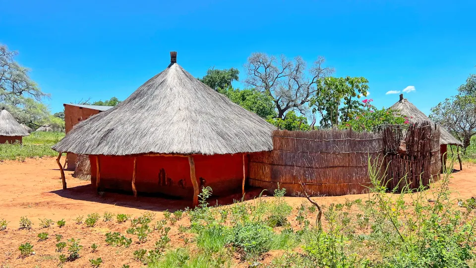 Clay hut with grass roof and fencing